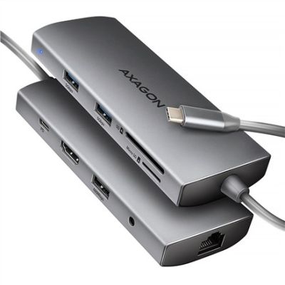 10. AXAGON HMC-8HLSA Multiport-Hub USB-C 3.2 Gen 1, 3x USB-A + 4K/60Hz HDMI + SD/microSD, Gigabit-LAN, Audio, PD 100W - Silber