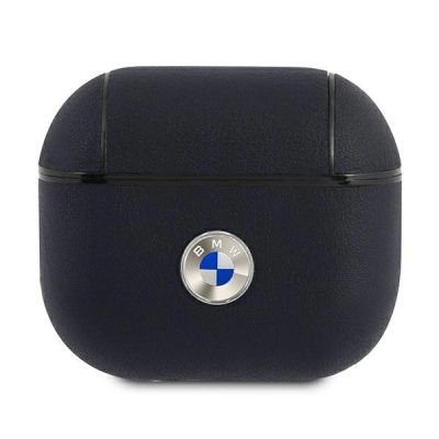 BMW Echtleder-Etui mit silbernem Logo für AirPods 3 – Marineblau