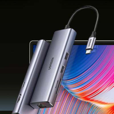 7. Ugreen CM512 90568 USB-C-Adapter – 2x USB-A 3.0 / HDMI / RJ45 / SD- und TF-Kartenleser / USB-C PD 100 W – Grau