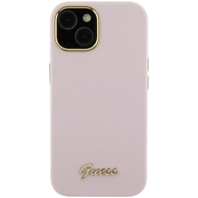 3. Guess Silikon Script Metal Logo & Frame Hülle für iPhone 15 – Rosa
