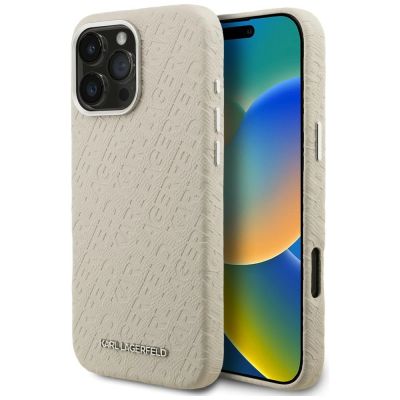 Karl Lagerfeld FW Stamped Karl MagSafe Hülle für iPhone 16 Pro Max – Beige