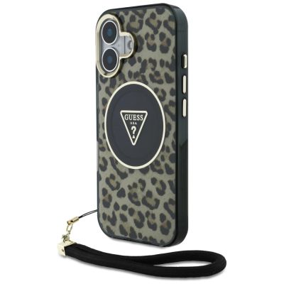 Guess HC IML Leopard Triangle Cord Strap MagSafe iPhone 16 Hülle - Braun