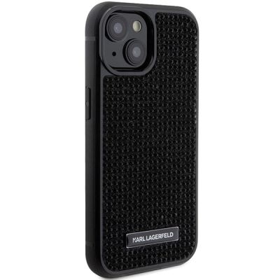 4. Karl Lagerfeld Rhinestone Logo Metal Plate Hülle für iPhone 15 – Schwarz