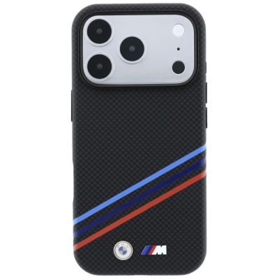 3. BMW M Quadrille Kevlar-Print, dreifarbige Linien & Metalllogo, MagSafe-Hülle für iPhone 18 Pro Max / 17 Pro Max – Schwarz