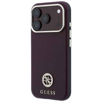 2. Guess MagSafe Hülle mit genarbtem, rundem Strass-Logo für iPhone 18 Pro Max / 17 Pro Max – Burgunderrot