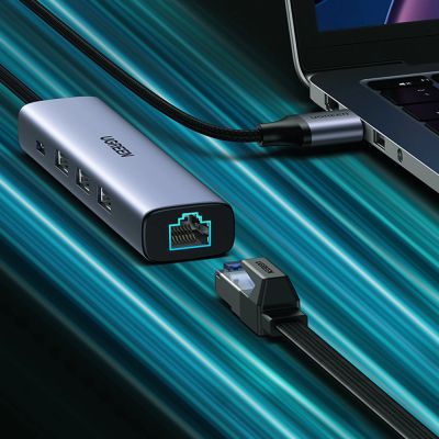 17. Ugreen Multifunktionsadapter HUB USB 3.0 - 3 x USB / Ethernet RJ-45 / USB Typ C PD grau (CM475)