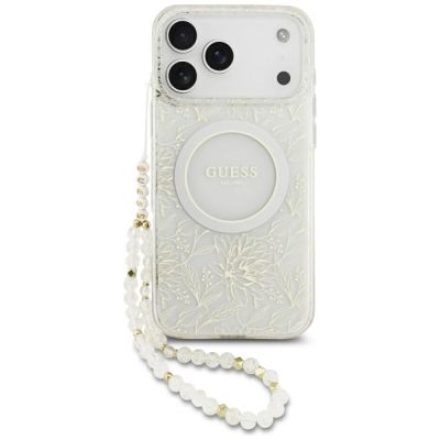 Guess IML Blumenmuster, galvanisiert, mit Perlmuttriemen und MagSafe-Hülle für iPhone 18 Pro Max / 17 Pro Max – Weiß