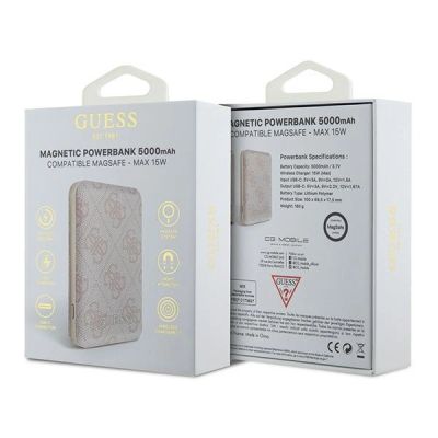 4. Guess Induction Powerbank 15W GUPB5FP4EMGP 5000mAh rosa/rosa 4G Leder Metall Logo MagSafe