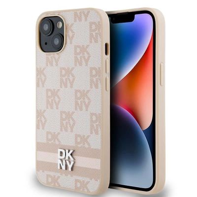 DKNY Lederhülle mit kariertem Monomuster und bedruckten Streifen für iPhone 15 Plus / 14 Plus – Rosa