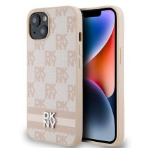 DKNY Lederhülle mit kariertem Monomuster und bedruckten Streifen für iPhone 15 Plus / 14 Plus – Rosa