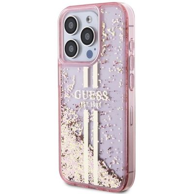 2. Guess Liquid Glitter Gold Stripes Hülle für iPhone 15 Pro – Rosa