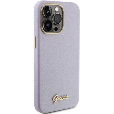 4. Guess Glitter Glossy Script Hülle für iPhone 15 Pro – Flieder