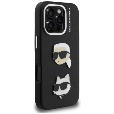 4. Karl Lagerfeld FW Grained Karl & Choupette Heads Pins Hülle für iPhone 16 Pro Max - Schwarz
