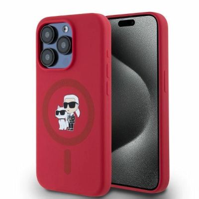 Karl Lagerfeld Silikon Karl&Choupette Heads Ring MagSafe Hülle für iPhone 15 Pro – rot