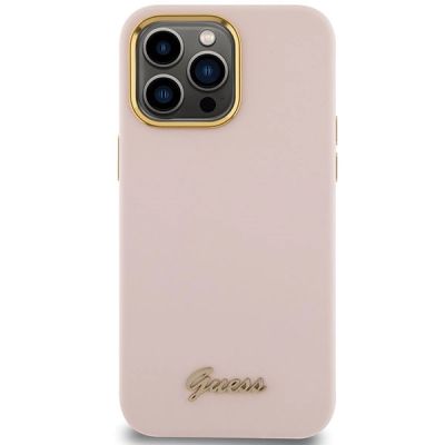 3. Guess Silikon Script Metal Logo & Frame Hülle für iPhone 15 Pro – Rosa