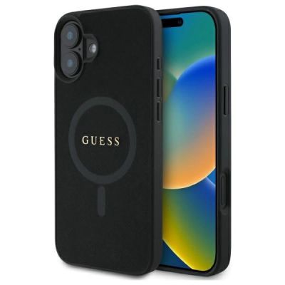Guess Saffiano Classic Logo MagSafe-Hülle für iPhone 16 – Schwarz