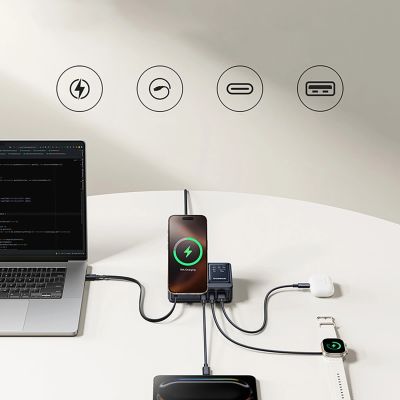 13. Baseus NOMOS 140W Qi2 5-in-1 Kabellose Ladestation mit einziehbarem USB-C-Kabel und Digitalanzeige – Schwarz
