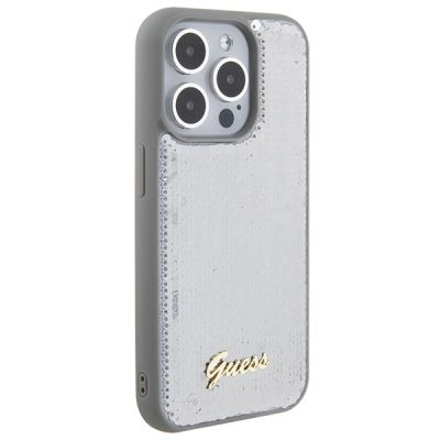 4. Guess Pailletten-Schriftzug-Metallgehäuse für iPhone 15 Pro – Silber