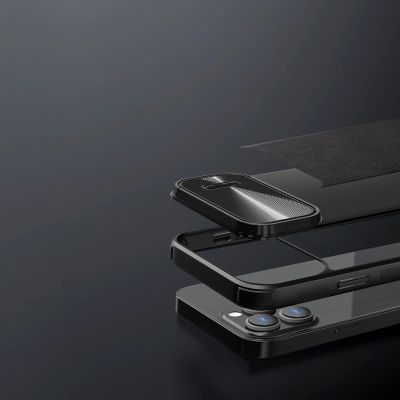 12. Nillkin CamShield Leather S Case iPhone 14 Pro Max Hülle mit Kameraabdeckung schwarz