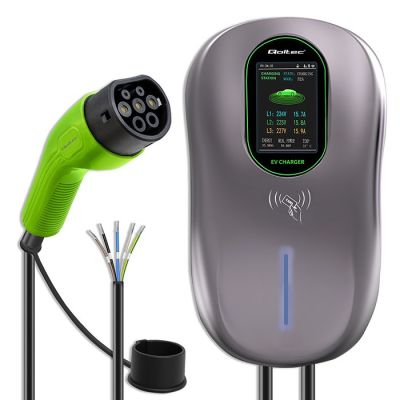13. Qoltec EV-Ladestation 2in1 Typ 2 22kW Wi-Fi LCD RFID 3-Phasen-Wanddose 5m