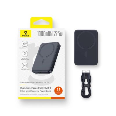 8. Baseus EnerFill FM11 Ultra-Mini 10000mAh 22,5W MagSafe kompatible Powerbank mit Baseus Simple USB-C 20V/3A 30cm Kabel - Schwarz