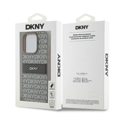 8. DKNY Lederhülle mit Monostreifen und Metalllogo für iPhone 15 Pro – Beige