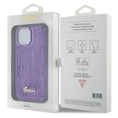 8. Guess Pailletten-Schriftzug-Metallgehäuse für iPhone 15 – Lila