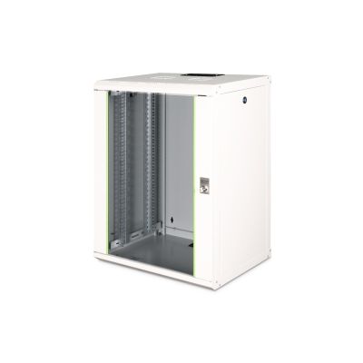 16. Digitus Unique 19" 16U Wand-Netzwerkschrank 600x450 mm, Glastür, grau, ungeteilt, montiert, 100 kg