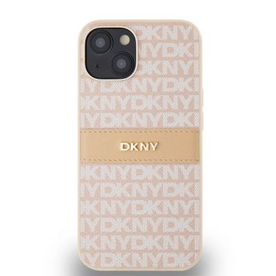 3. DKNY Lederhülle mit Monostreifen und Metalllogo für iPhone 15 / 14 / 13 – Rosa