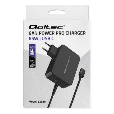 10. QOLTEC GaN-Ladegerät POWER PRO | 1x USB-C | 65 W | 5–20 V | 3–3,25 A | SCHWARZ