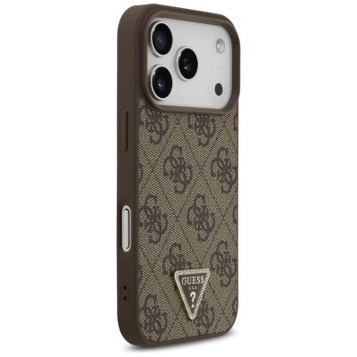 4. Guess Leder 4G Dreieck Strass MagSafe Hülle für iPhone 18 Pro / 17 Pro - Braun