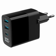 GEMBIRD 3-Port-GaN-USB-Schnellladegerät (PD) (2x USB-A + 1x USB Typ-C), 30 W, LCD, Schwarz
