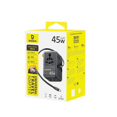 4. Baseus PicoGo AG11 45W 6-in-1 Reiseadapter mit einziehbarem USB-C-Kabel – Schwarz