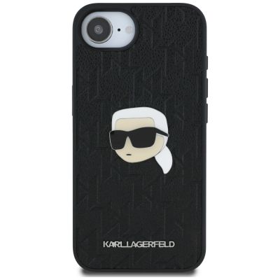3. Karl Lagerfeld iPhone 16e Hülle mit Monogramm-Karl-Kopf-Anstecker - Schwarz