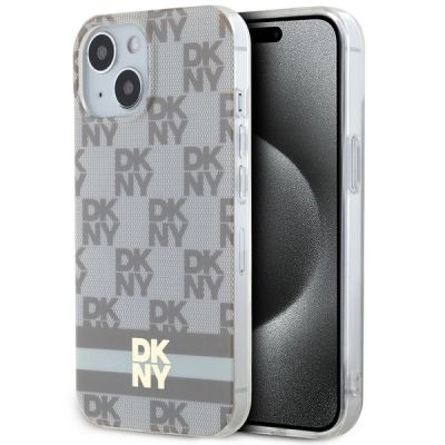 DKNY IML Checkered Mono Pattern & Printed Stripes MagSafe-Hülle für iPhone 15 / 14 / 13 – Beige