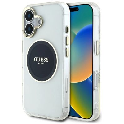 Guess IML Metal Colored Circle Classic Logo MagSafe Hülle für iPhone 16 - Schwarz