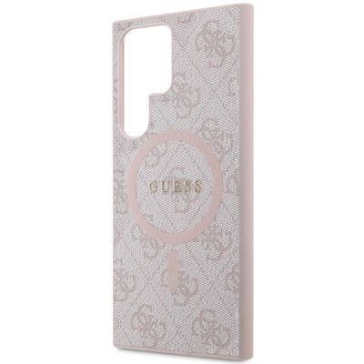 6. Guess 4G Collection MagSafe Leder-Metall-Logo-Hülle für Samsung Galaxy S24 Ultra – Pink