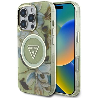 Guess Glitter Flowers Triangle Buttons MagSafe Case für iPhone 16 Pro Max grün