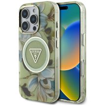Guess Glitter Flowers Triangle Buttons MagSafe Case für iPhone 16 Pro Max grün