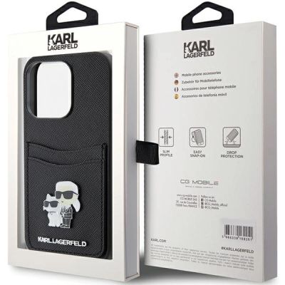 8. Karl Lagerfeld Saffiano Cardslot Karl&Choupette Metal Pin Hülle für iPhone 15 Pro – Schwarz