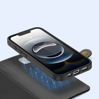 6. Dux Ducis Lawa Lederhülle für iPhone 16e / 17e mit abnehmbarer magnetischer Brieftasche – Schwarz