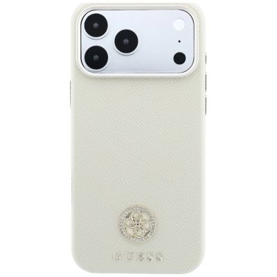 3. Guess MagSafe Hülle mit genarbtem, rundem Strass-Logo für iPhone 18 Pro / 17 Pro – Beige