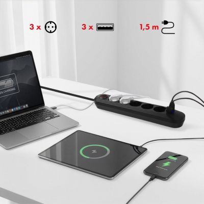 11. MACLEAN Steckdosenleiste, Verlängerungskabel, 5 Steckdosen + 3 USB-Anschlüsse, 110–240 V Wechselstrom, 50/60 Hz, max. 2,1 A, 2500 W, 1,5 m, Schwarz, MCE395 B