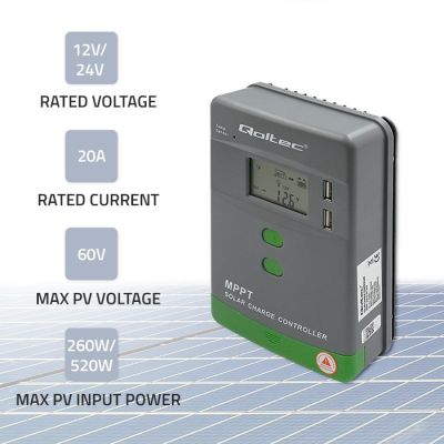 8. Qoltec MPPT-Solarladeregler mit Temperatursensor 20 A | 12 V / 24 V | LCD | 2 x USB