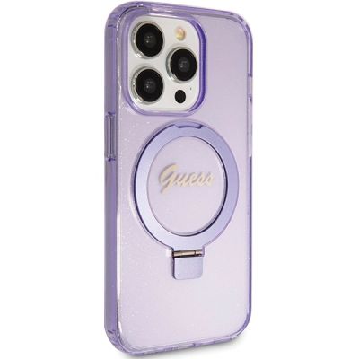 4. Guess Ring Stand Script Glitter MagSafe Hülle für iPhone 15 Pro – Lila