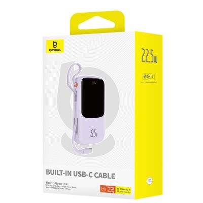 7. Baseus Qpow Pro+ 10000mAh 22,5W Powerbank mit integriertem USB-C-Kabel und Display – Lila