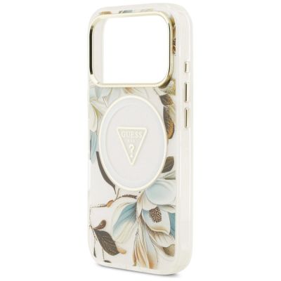 6. Guess IML Glitter Flowers Triangle MagSafe Hülle für iPhone 18 Pro Max / 17 Pro Max – weiß
