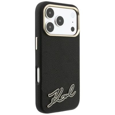 4. Karl Lagerfeld MagSafe-Hülle mit genarbter Oberfläche und Harz-Logo für iPhone 18 Pro / 17 Pro – Schwarz