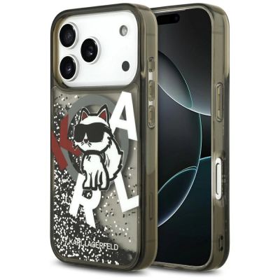 Karl Lagerfeld Liquid Glitter Choupette Logo MagSafe Hülle für iPhone 17 Pro - Schwarz