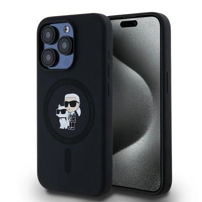 Karl Lagerfeld Silikon Karl&Choupette MagSafe Hülle für iPhone 15 Pro – Schwarz